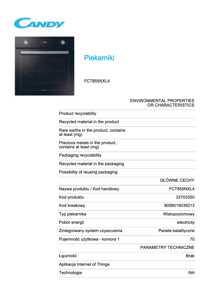 Page 1 de la notice Fiche technique Candy FCT855NXL4