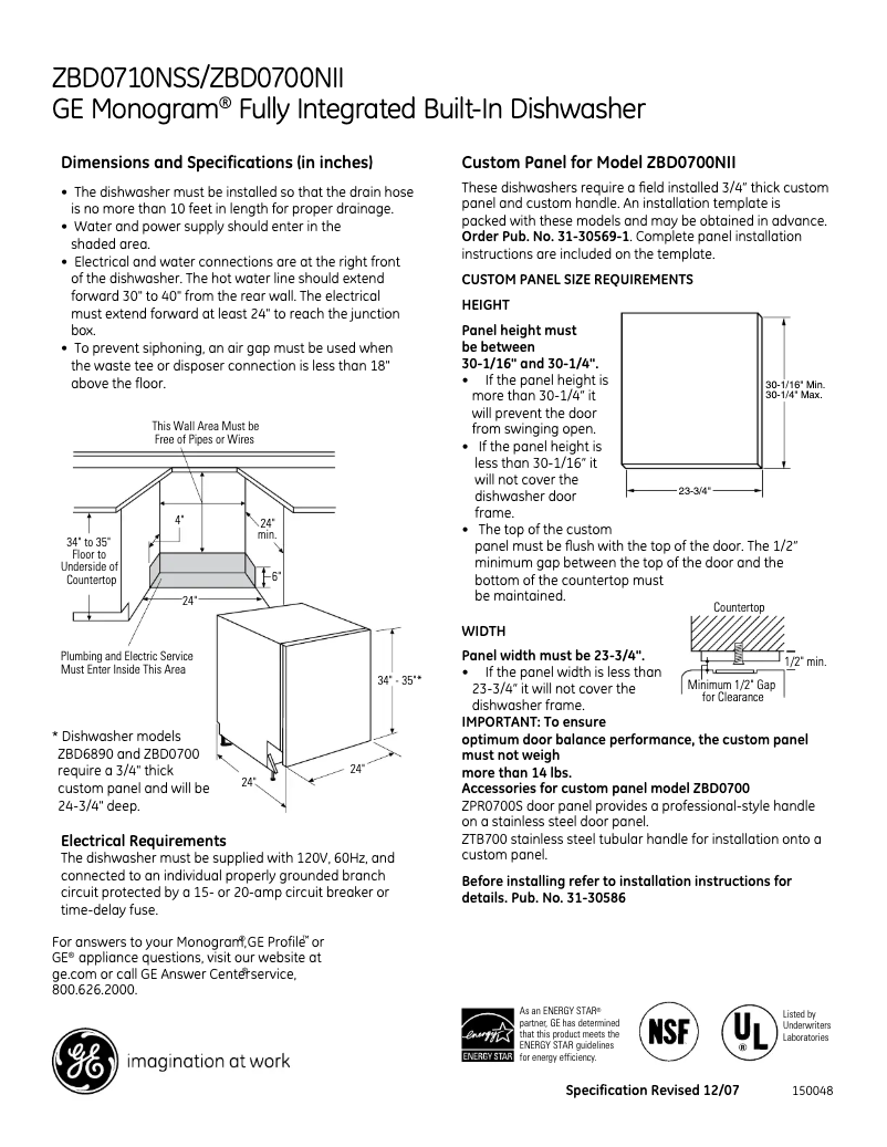 Página 1 del manual Ficha técnica GE ZBD0710NSS