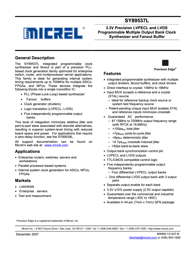 Page 1 de la notice Manuel utilisateur Microchip SY89537L
