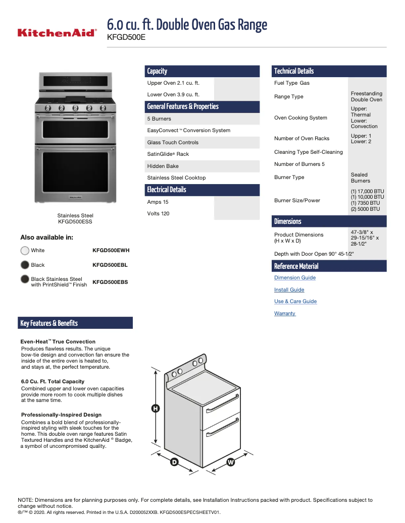 Page 1 de la notice Fiche technique KitchenAid KFGD500EBS