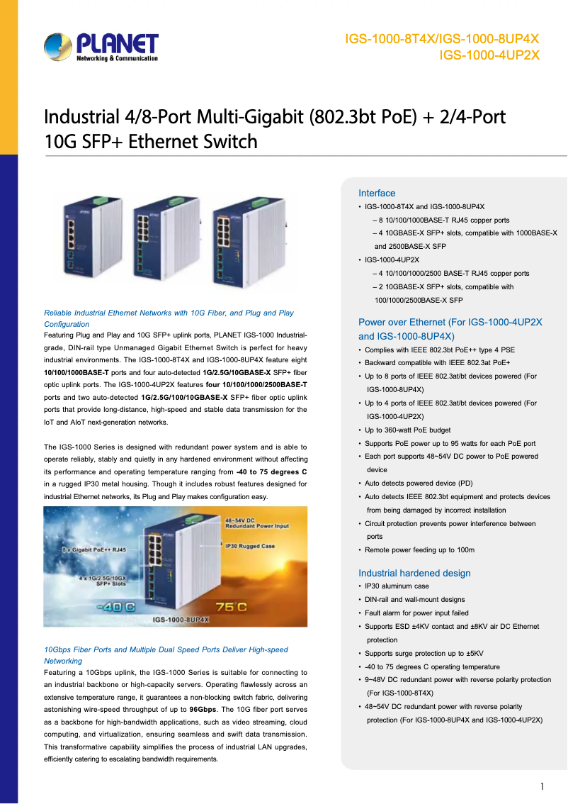 Page n°1 - Fiche technique Planet IGS-1000-8UP4X