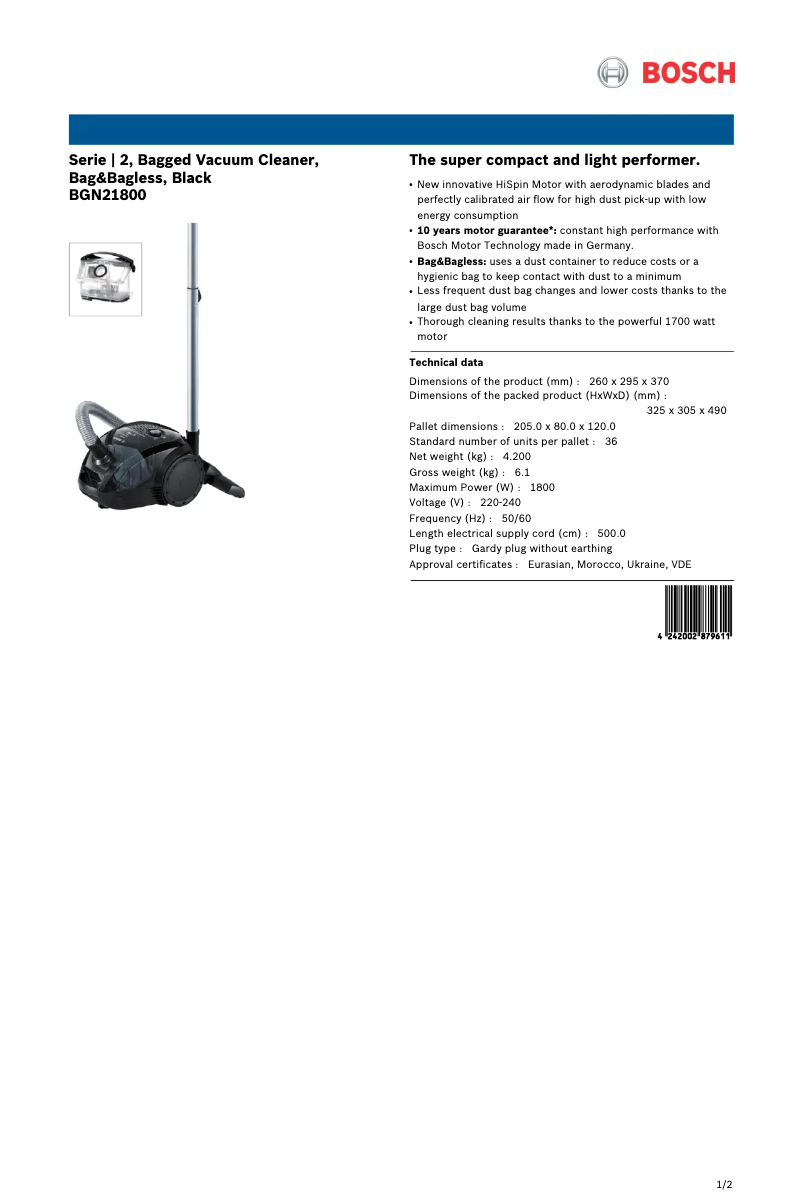 Page 1 de la notice Fiche technique Bosch BGN21800