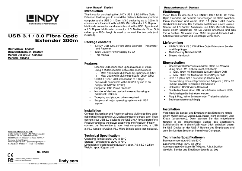 Page 1 de la notice Manuel utilisateur Lindy 42707