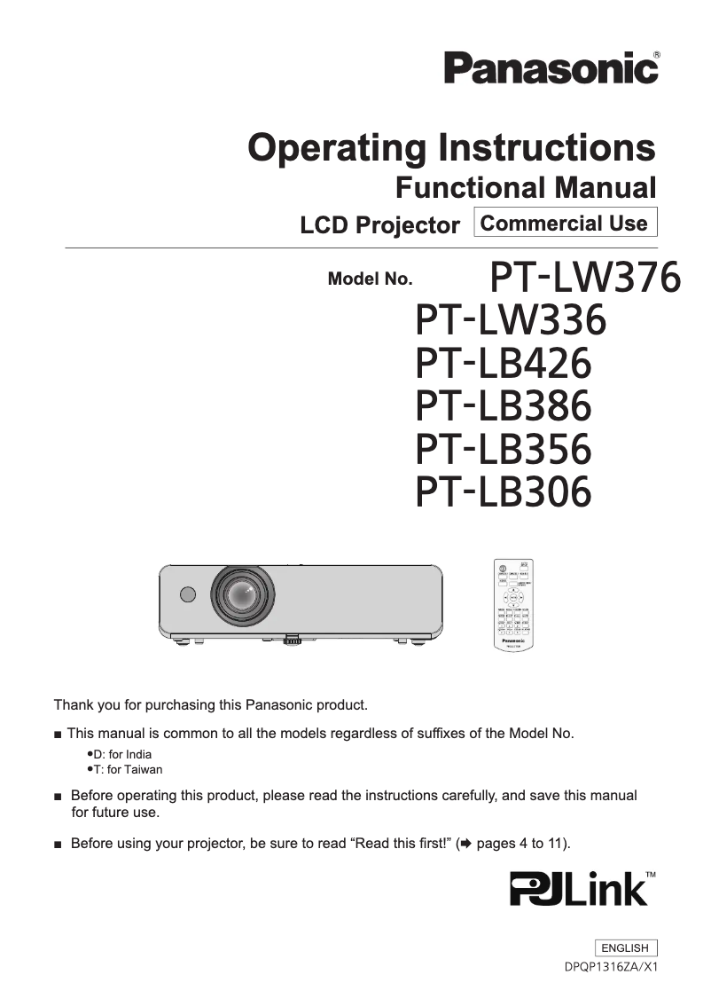Page 1 de la notice Manuel utilisateur Panasonic PT-LW336