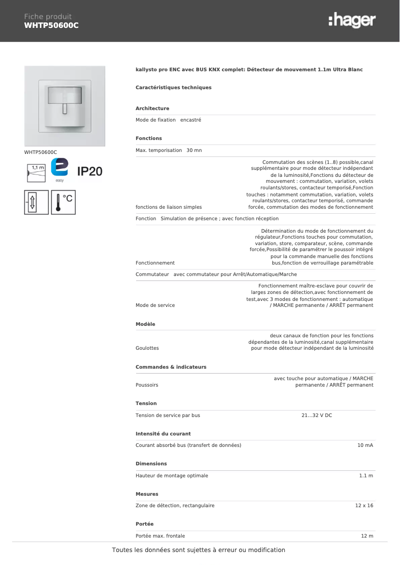 Page 1 de la notice Fiche technique Hager WHTP50600C