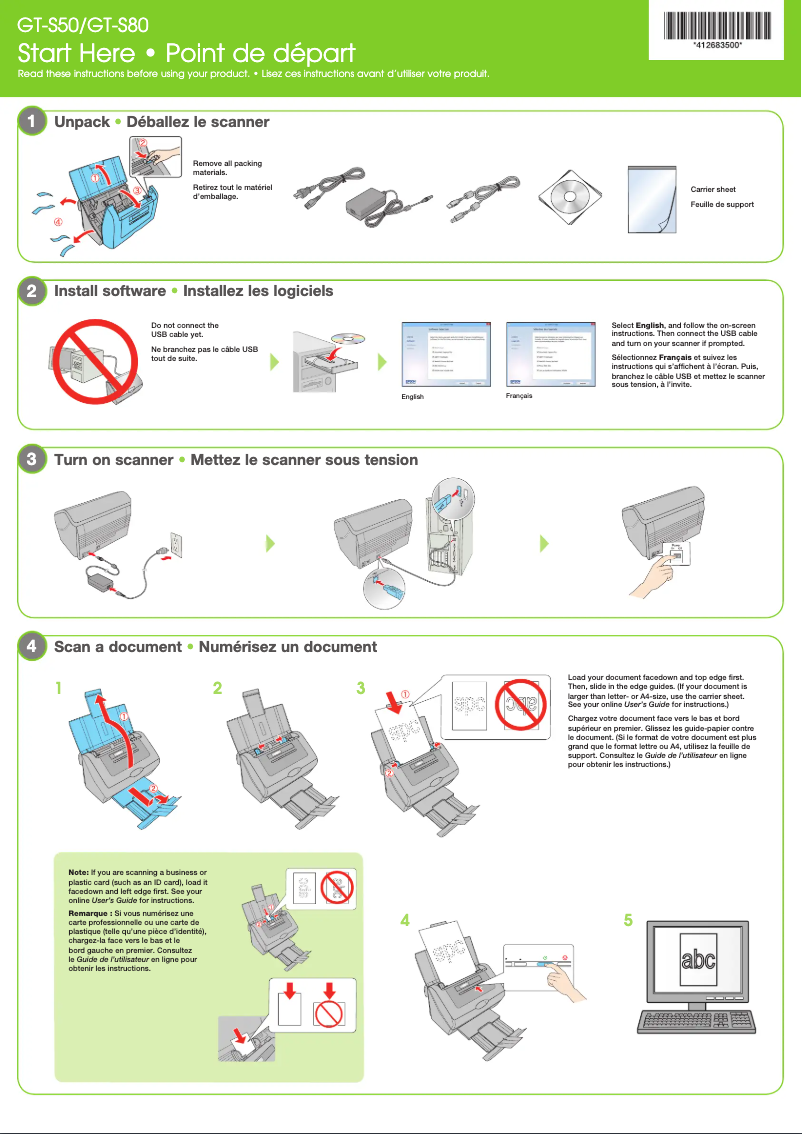 Page 1 de la notice Guide d'installation Epson WorkForce Pro GT-S50