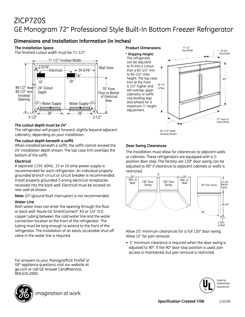 Page 1 de la notice Fiche technique GE ZICP720SSS