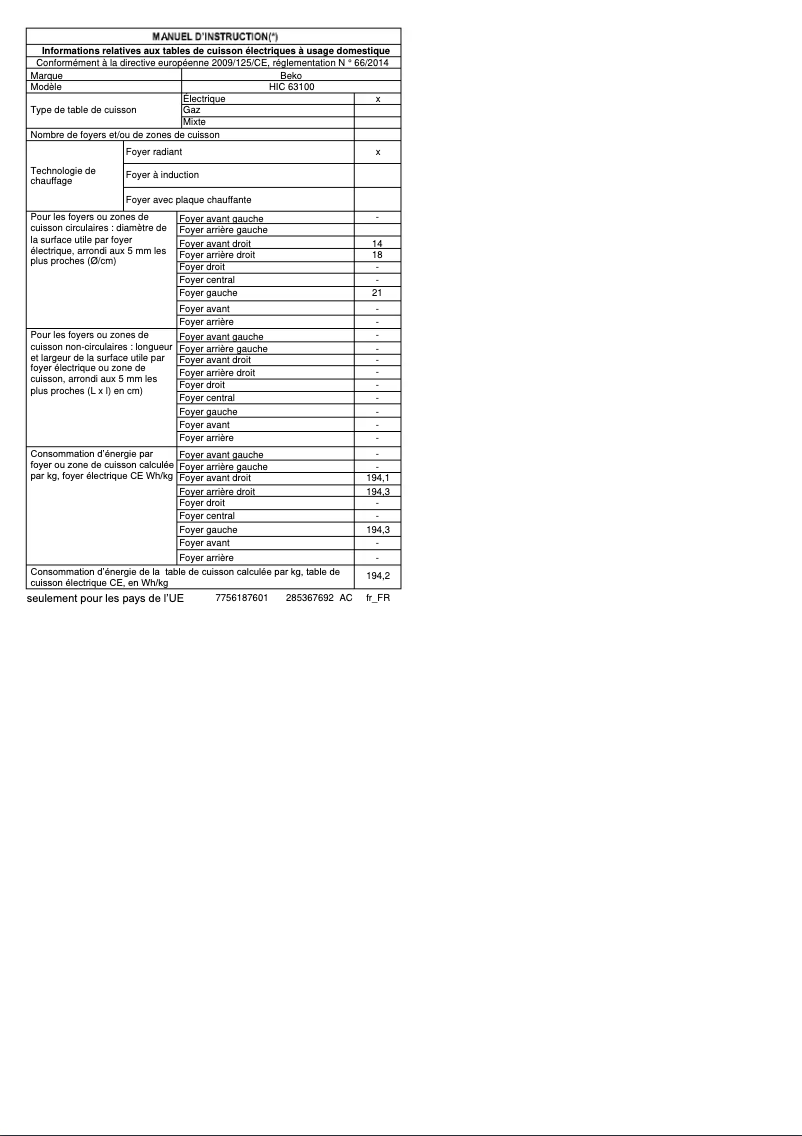 Page 1 de la notice Fiche technique Beko HIC 63100