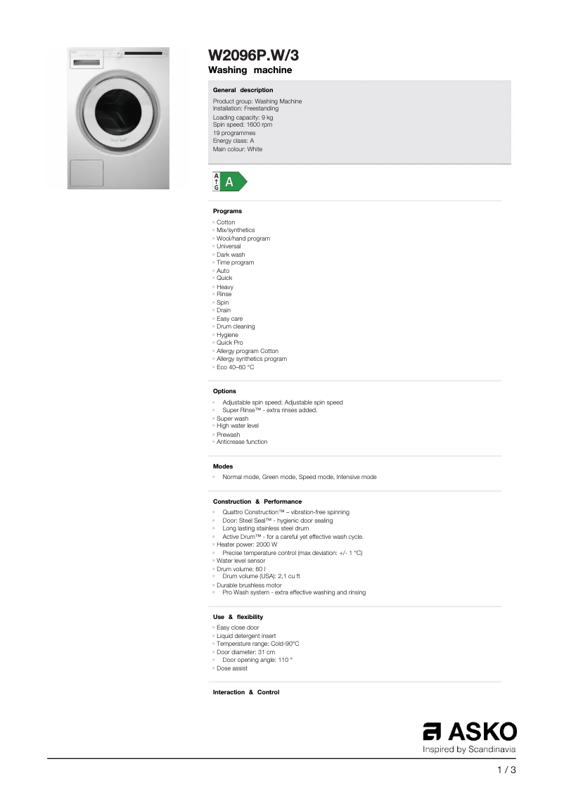 Page n°1 - Fiche technique Asko W2096P.W
