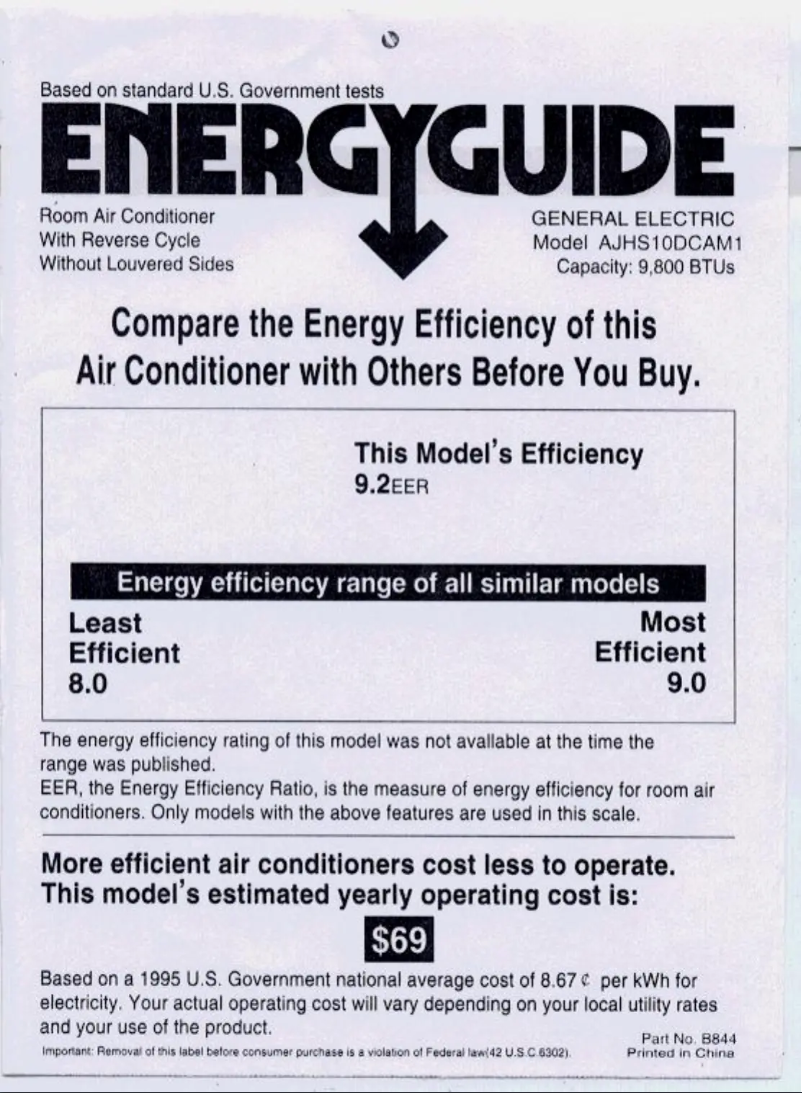 Page 1 de la notice Label énergétique GE AJHS10DC