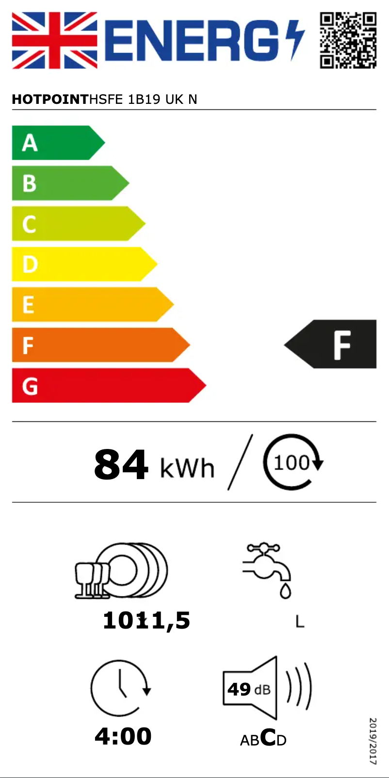 Page 1 de la notice Label énergétique Hotpoint HSFE 1B19 UK N