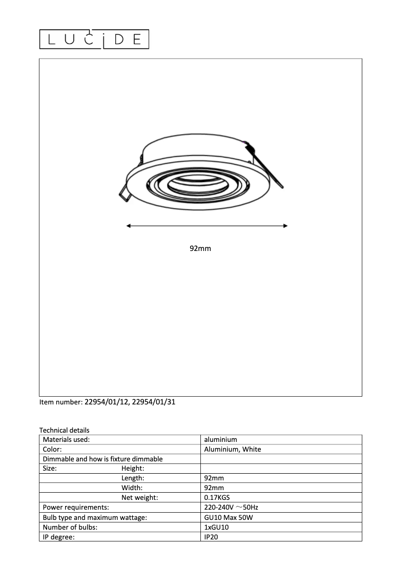 Page n°1 - Manuel utilisateur Lucide Tube 22954/01/31