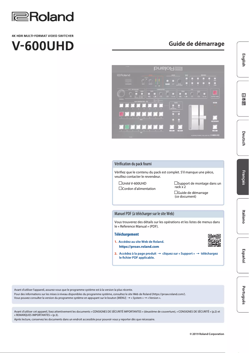 Page n°1 - Guide d'installation Roland V-600UHD
