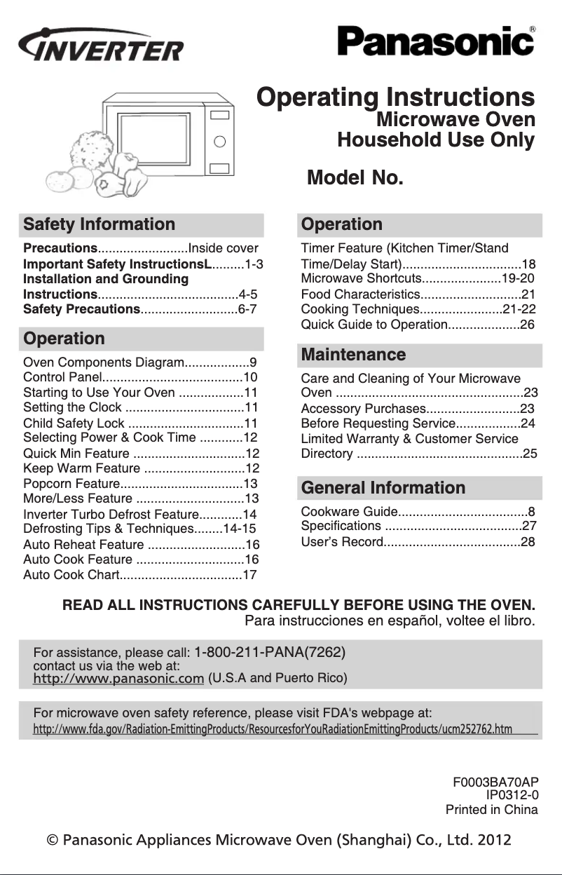 Page 1 de la notice Manuel utilisateur Panasonic NN-SD372S