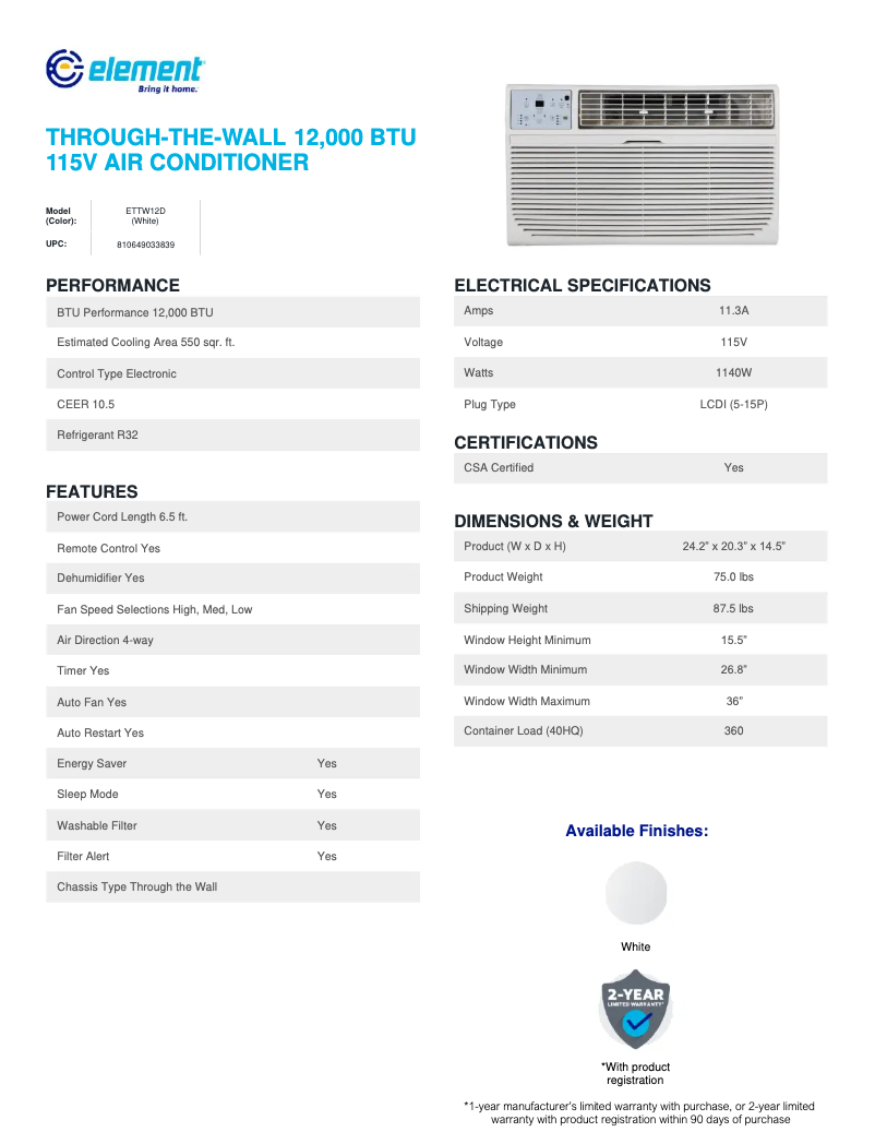 Page 1 de la notice Fiche technique Element ETTW12D