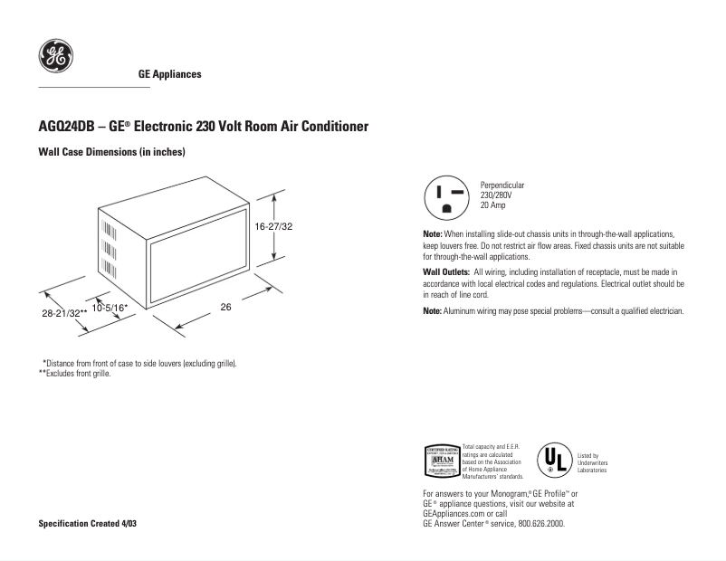 Page 1 de la notice Fiche technique GE AGQ24DB