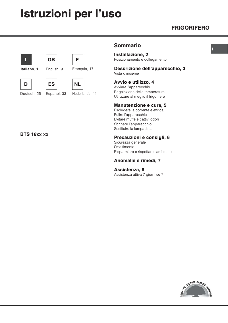 Page 1 de la notice Manuel utilisateur Hotpoint Ariston BTS 1621