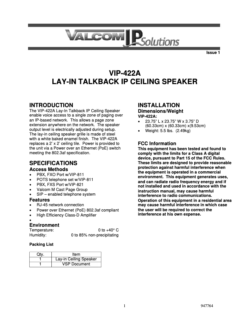 Page n°1 - Manuel utilisateur Valcom VIP-422A