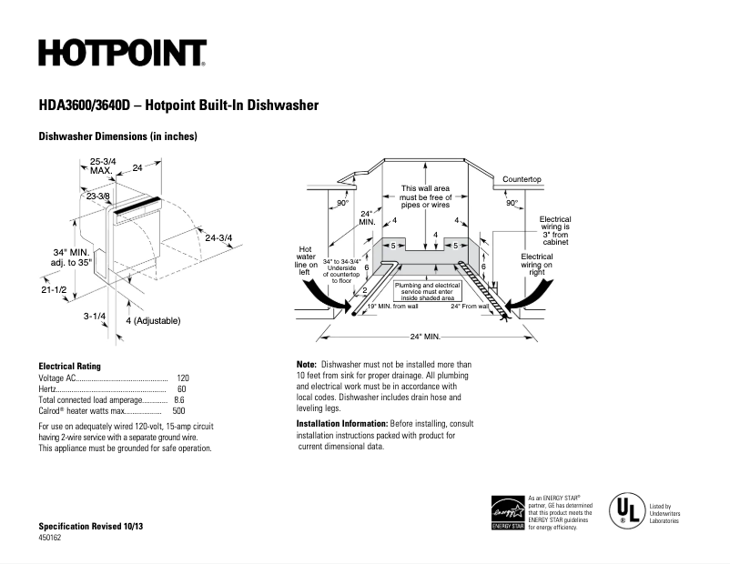 Page 1 de la notice Fiche technique Hotpoint HDA3640DSA
