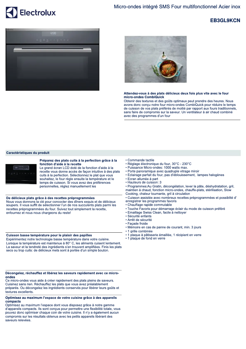 Page 1 de la notice Fiche technique Electrolux EB3GL9KCN