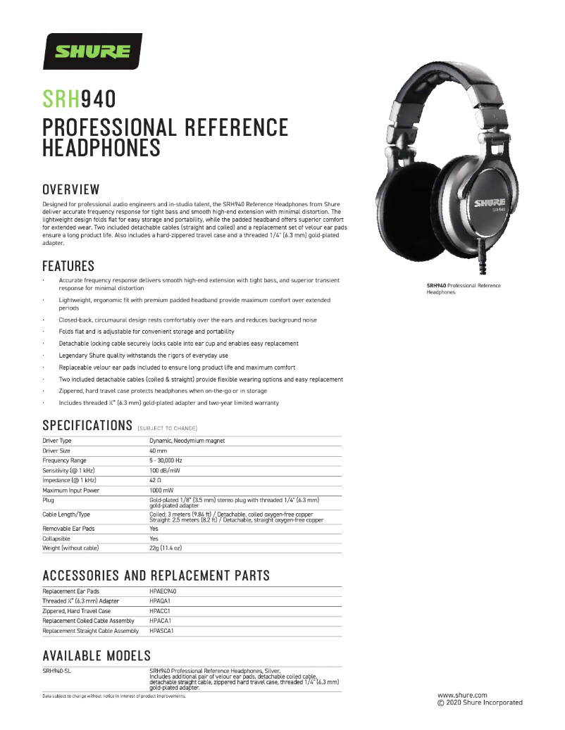 Página 1 del manual Ficha técnica Shure SRH940