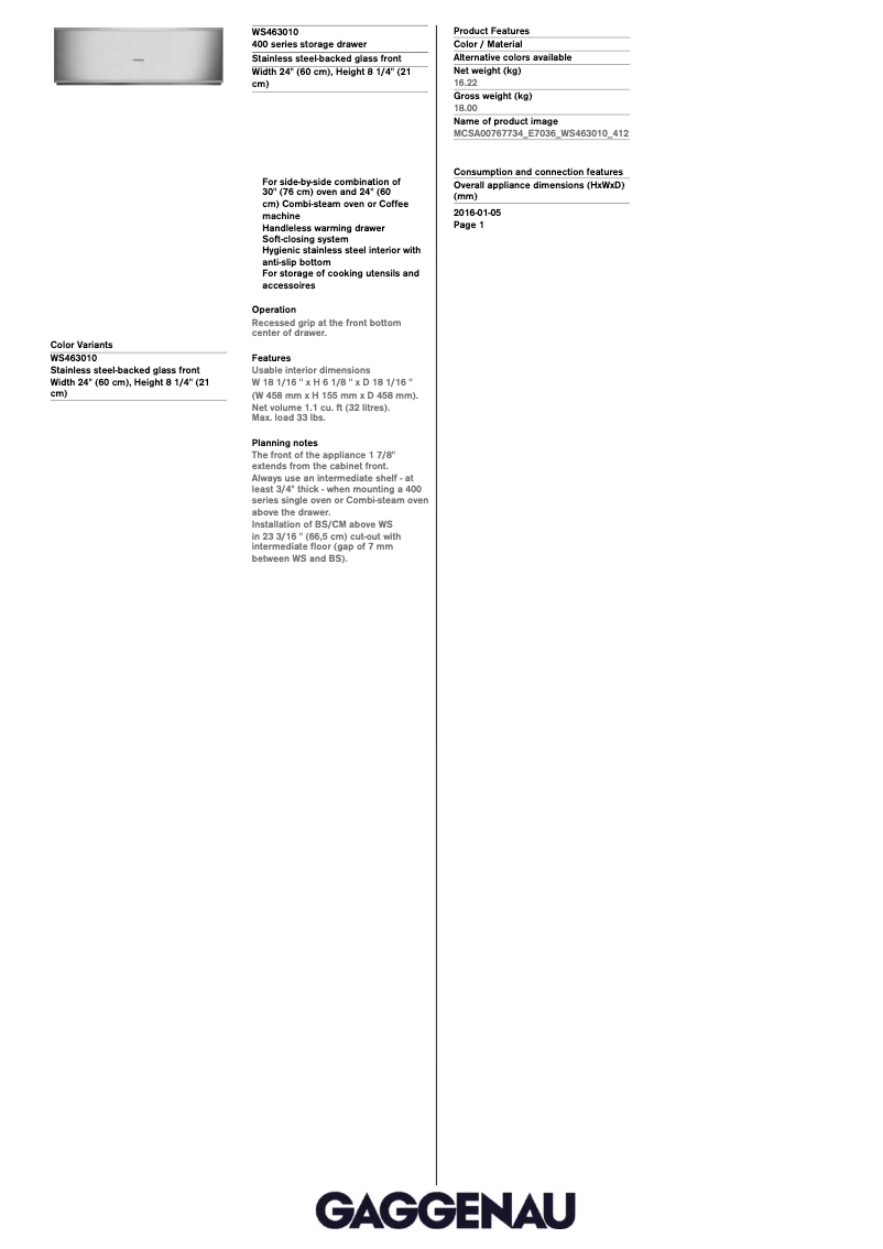 Page n°1 - Fiche technique Gaggenau WS463710