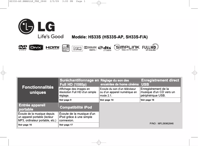 Page 1 de la notice Manuel utilisateur LG HS33S-AP