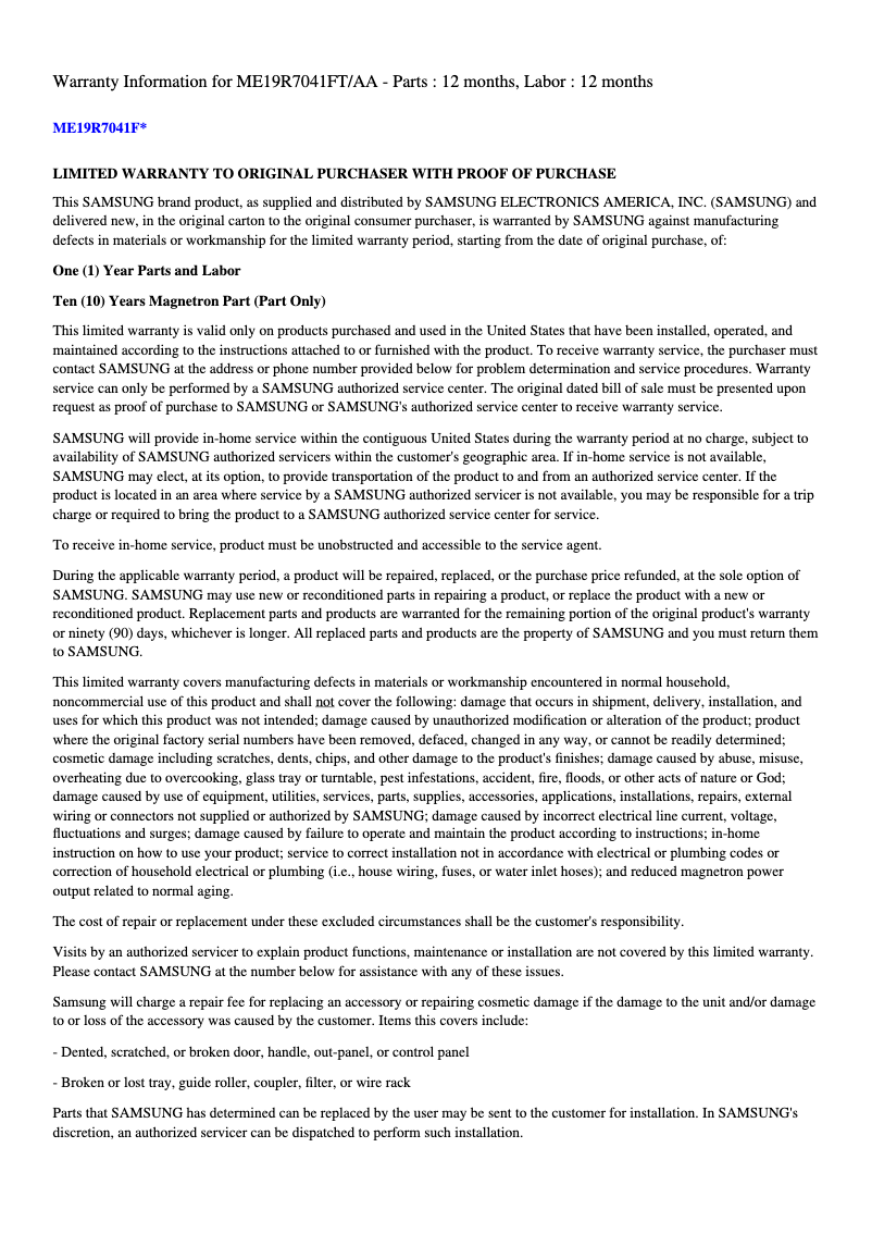 Página 1 del manual Información de garantía Samsung ME19R7041FG/AA
