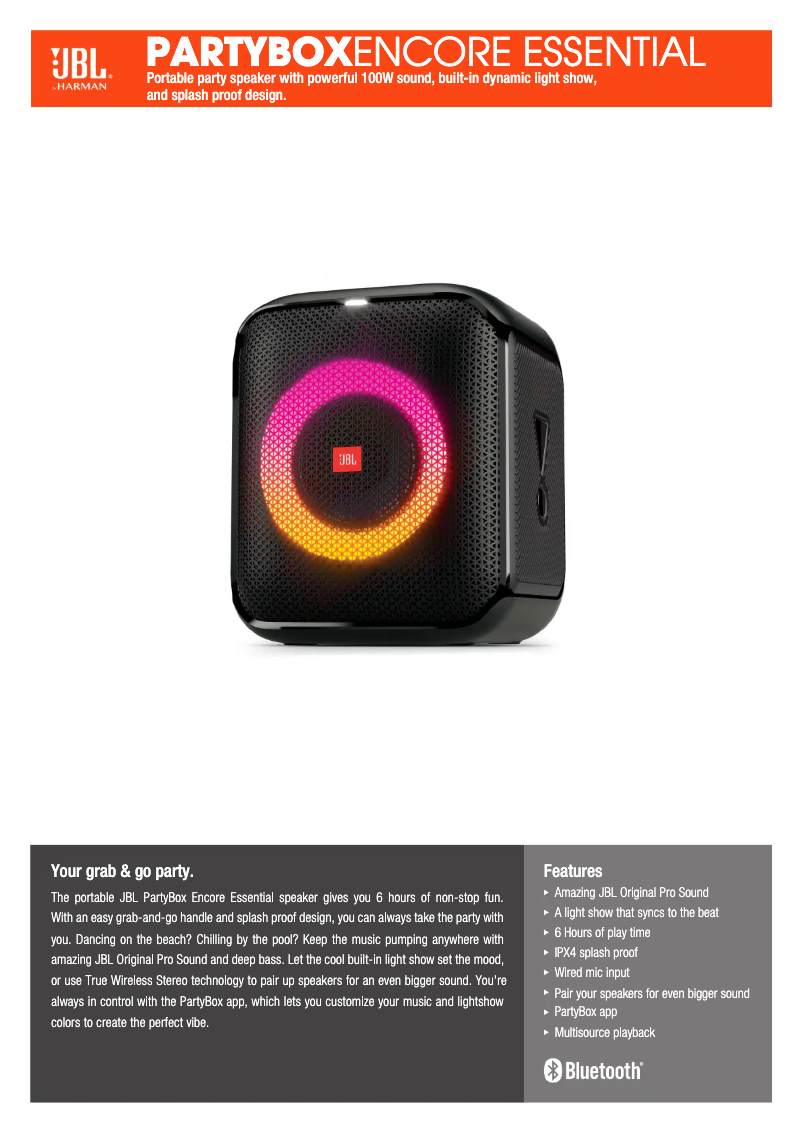 Page 1 de la notice Fiche technique JBL PartyBox Encore Essential