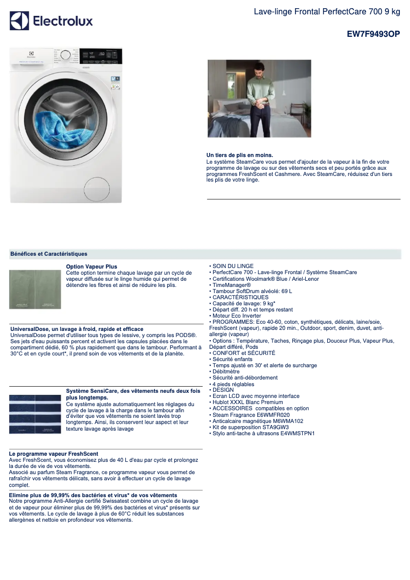 Page 1 de la notice Fiche technique Electrolux EW7F9493OP