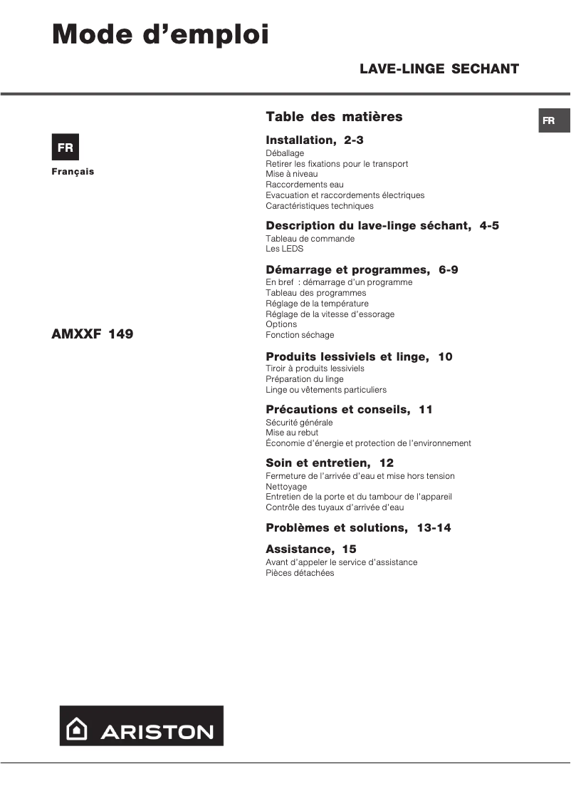 Page 1 de la notice Manuel utilisateur Hotpoint Ariston AMXXF 149