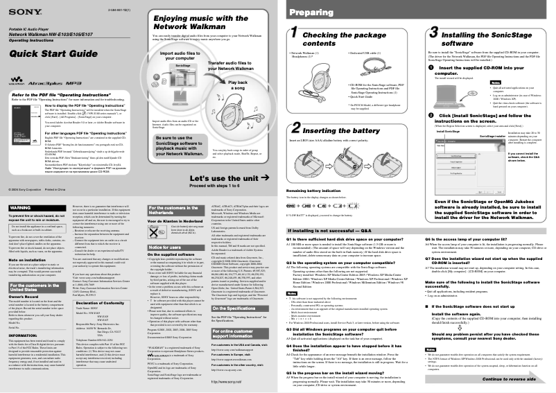 Image de la première page du manuel de l'appareil NW-E103