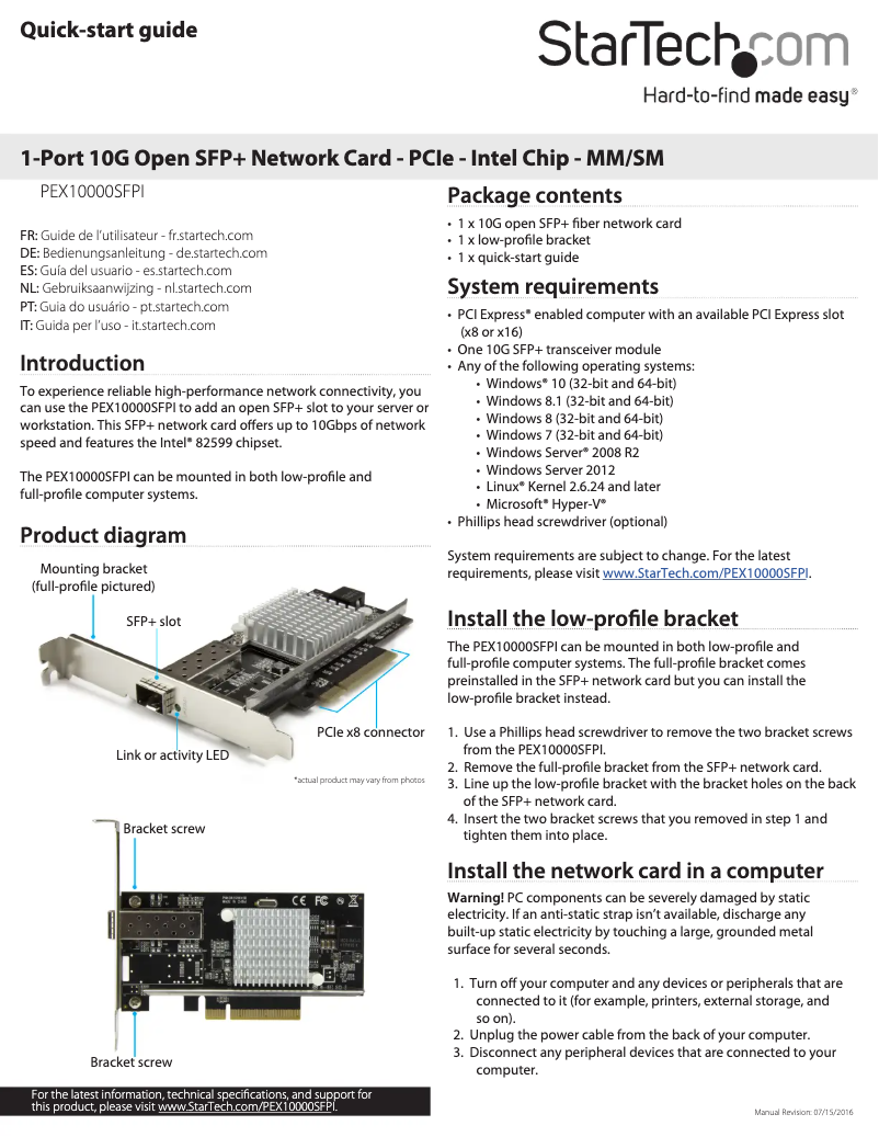Page 1 de la notice Manuel utilisateur StarTech.com PEX10000SFPI