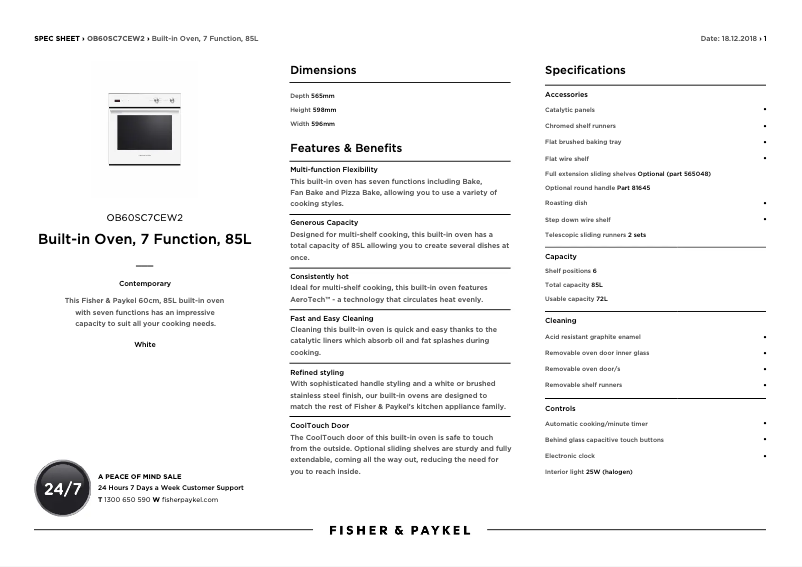Page 1 de la notice Fiche technique Fisher & Paykel OB60SC7CEW2
