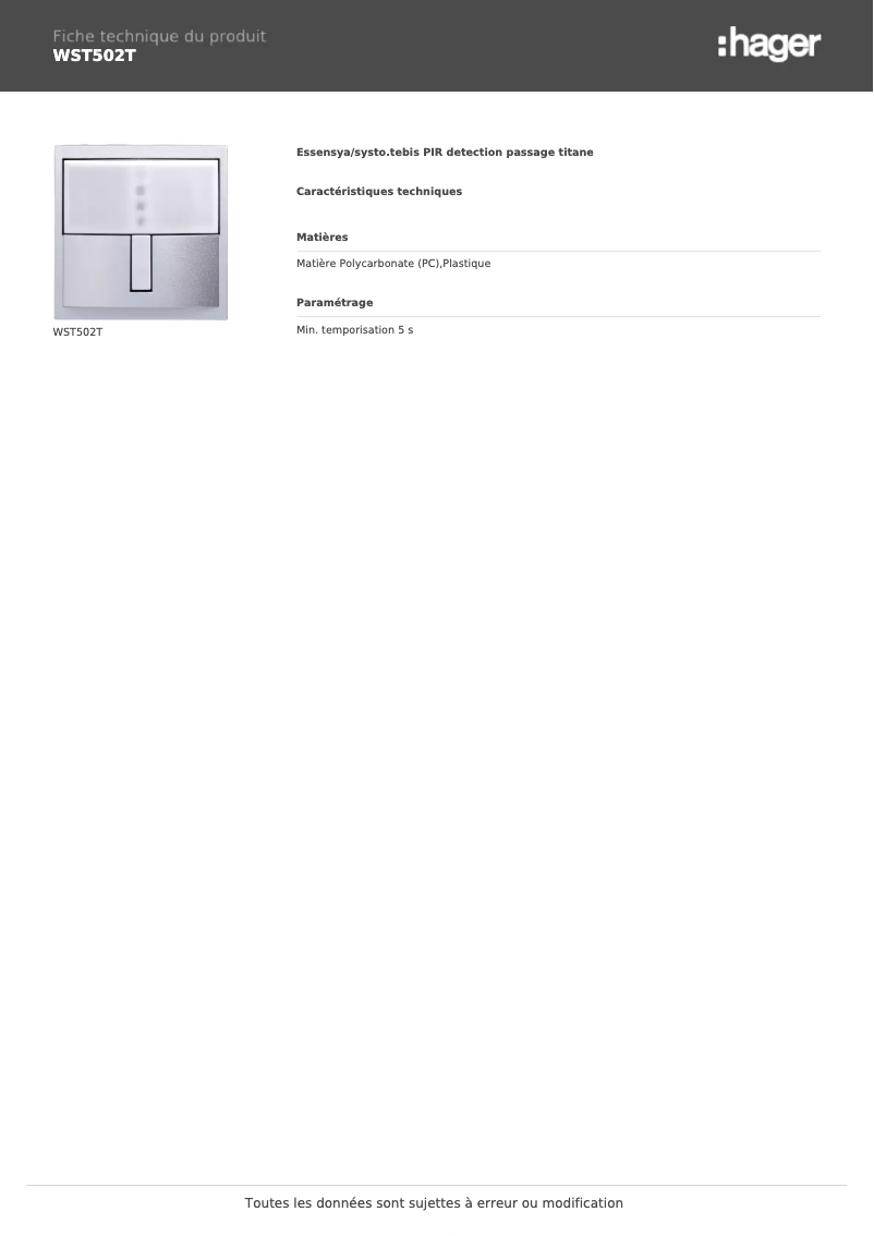 Page 1 de la notice Fiche technique Hager WST502T