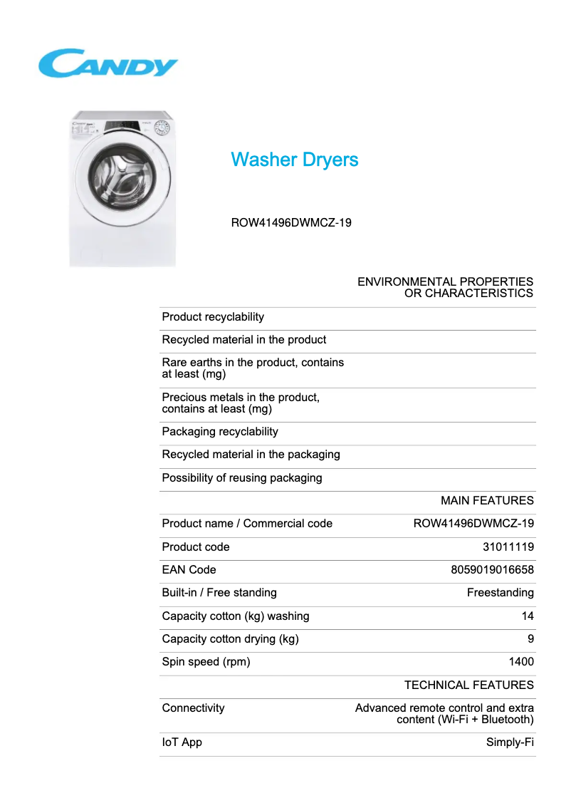 Page 1 de la notice Fiche technique Candy ROW41496DWMCZ-19