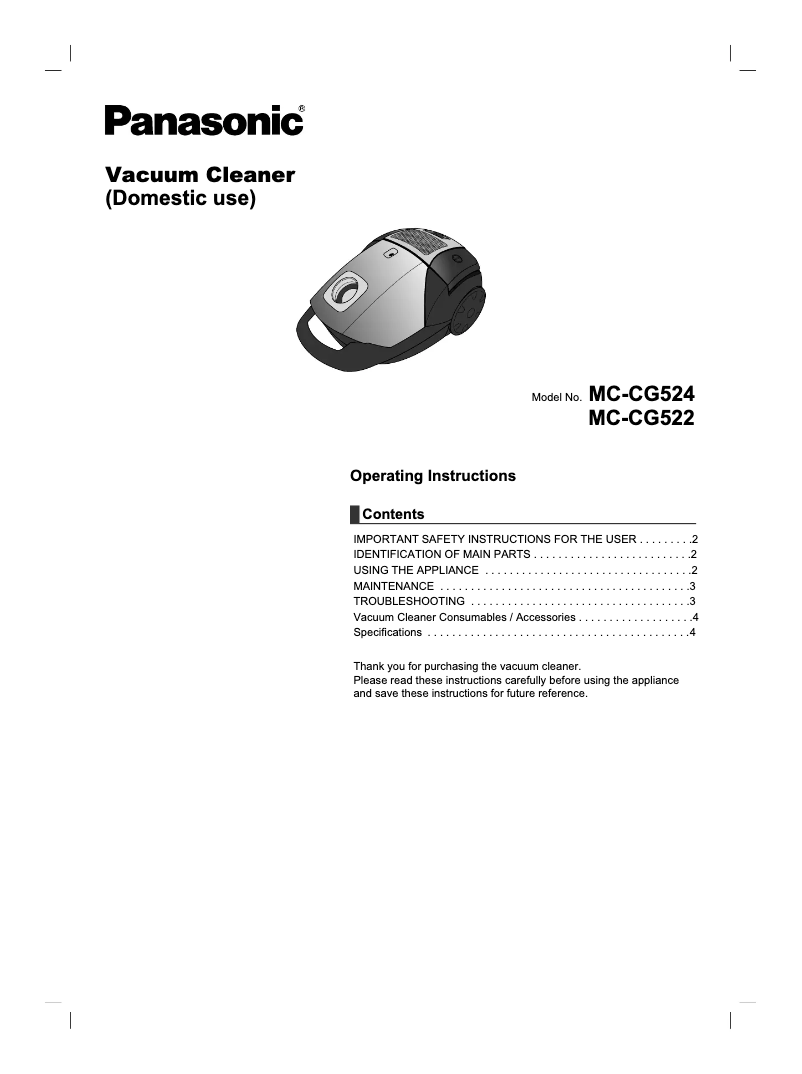 Page n°1 - Manuel utilisateur Panasonic MC-CG524