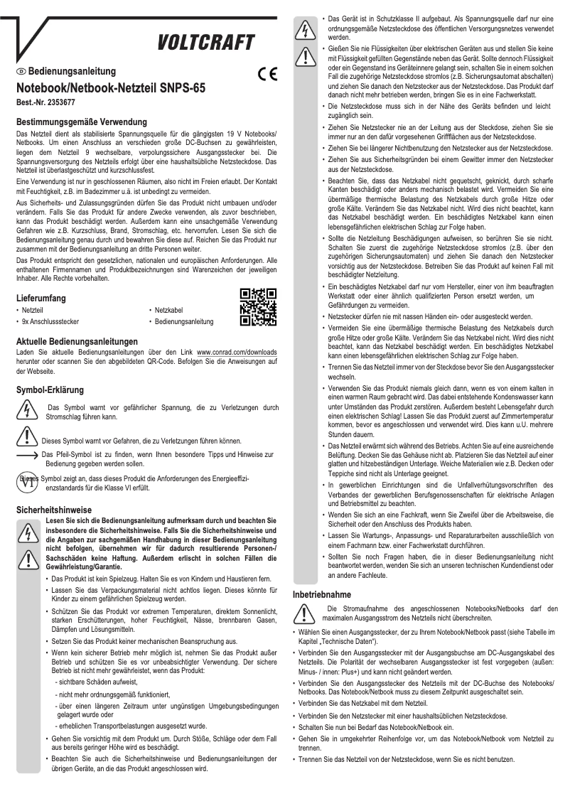 Page n°1 - Manuel utilisateur Voltcraft SNPS-65