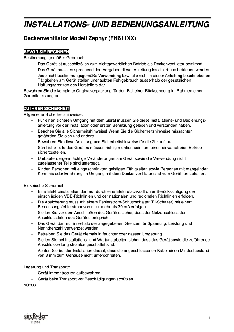 Image de la première page du manuel de l'appareil Zeyphyr