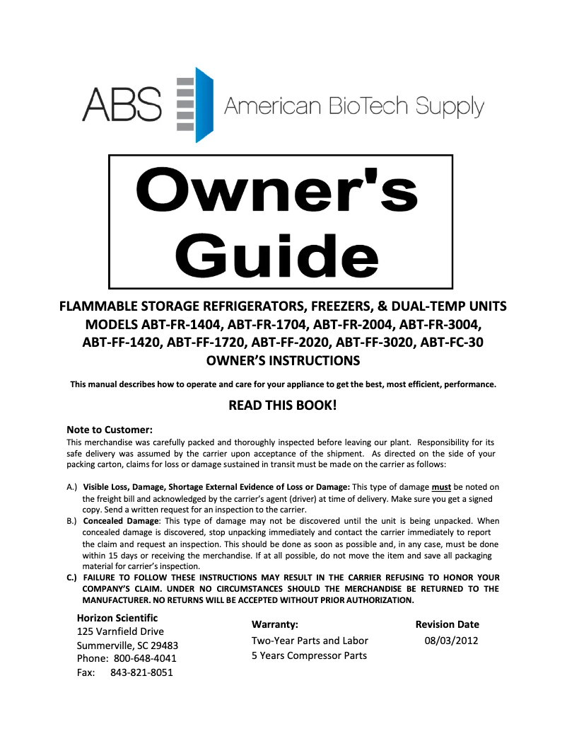 Page 1 de la notice Manuel utilisateur American BioTech Supply ABT-FRS-14