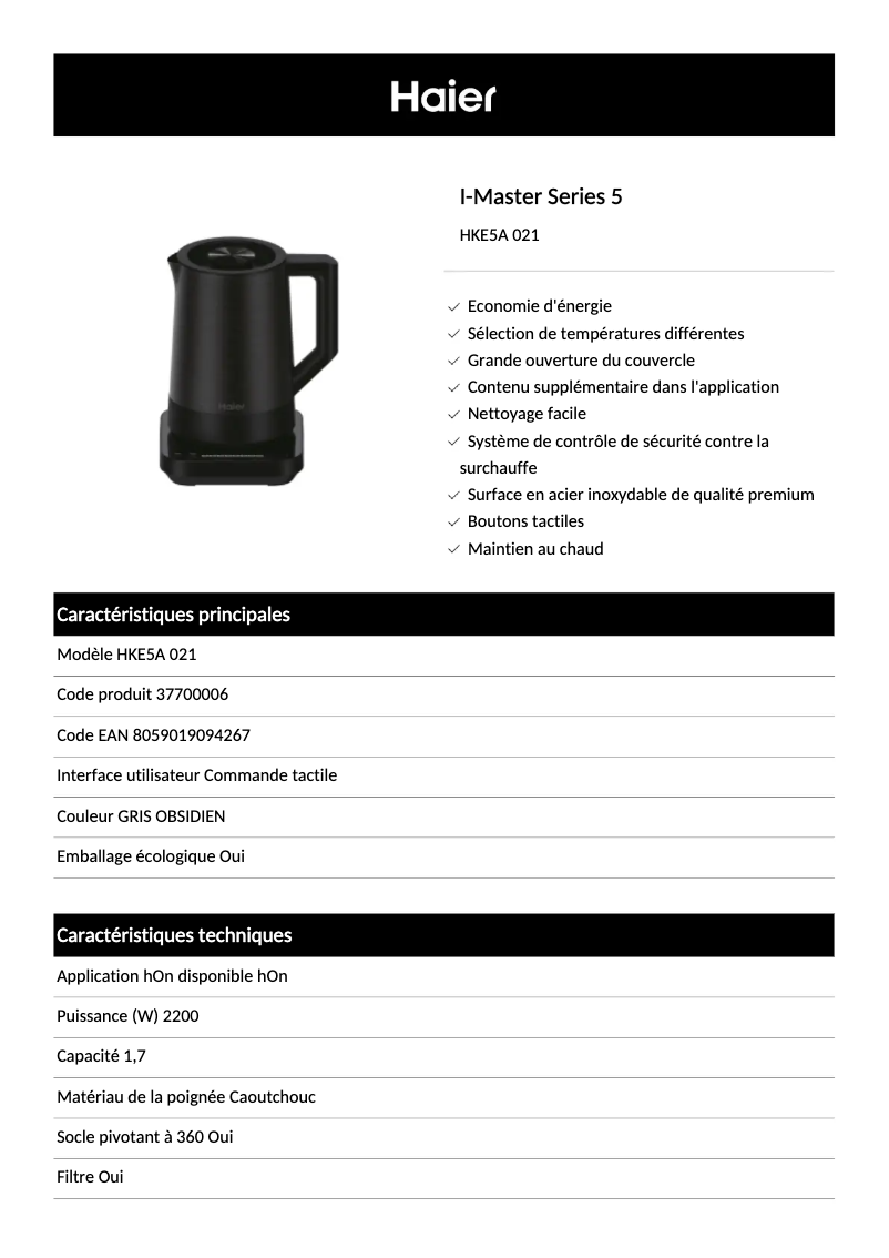 Page n°1 - Fiche technique Haier HKE5A 021