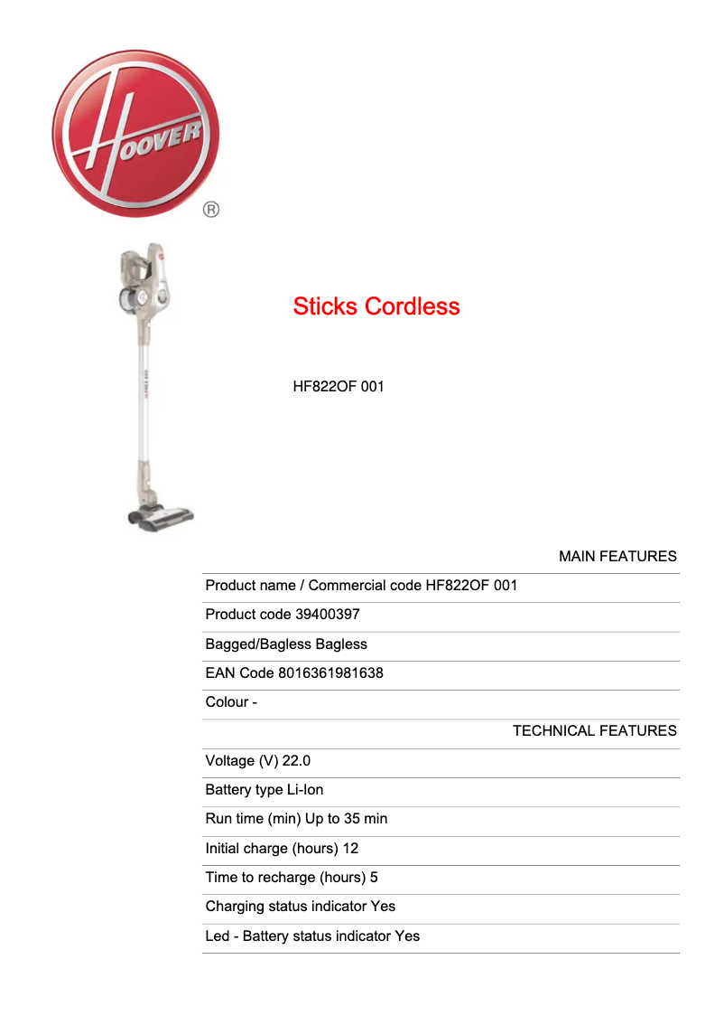 Página 1 del manual Ficha técnica Hoover H-FREE 800 HF822OF 001