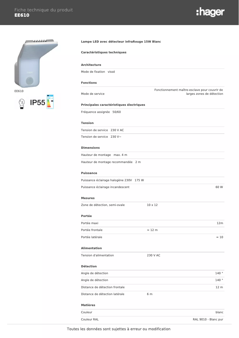 Page 1 de la notice Fiche technique Hager EE610