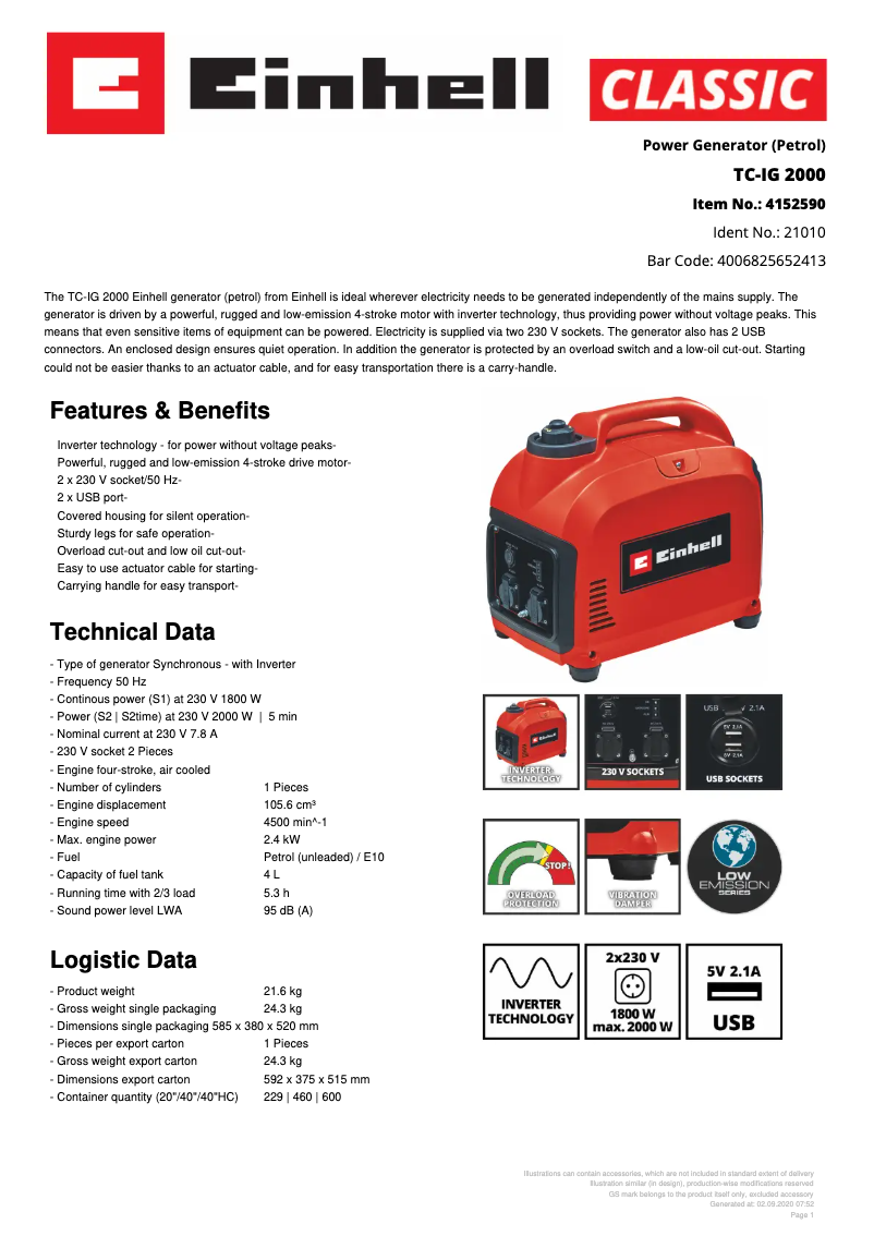 Page n°1 - Fiche technique Einhell TC-IG 2000
