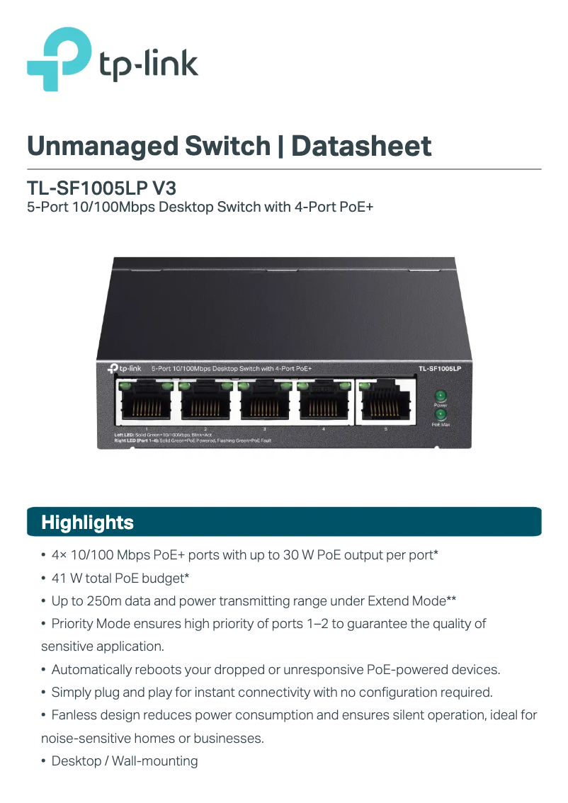 Página 1 del manual Ficha técnica TP-Link TL-SF1005LP