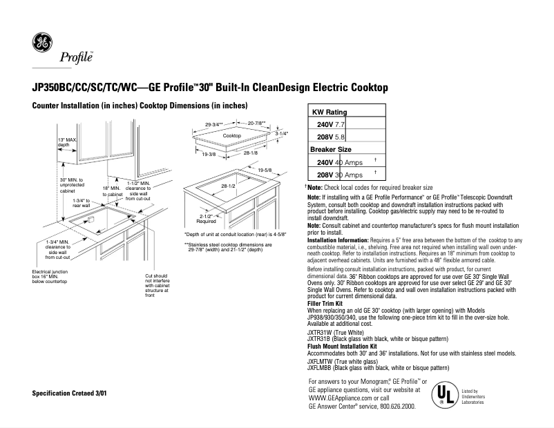 Page n°1 - Fiche technique GE Profile JP350SCSS