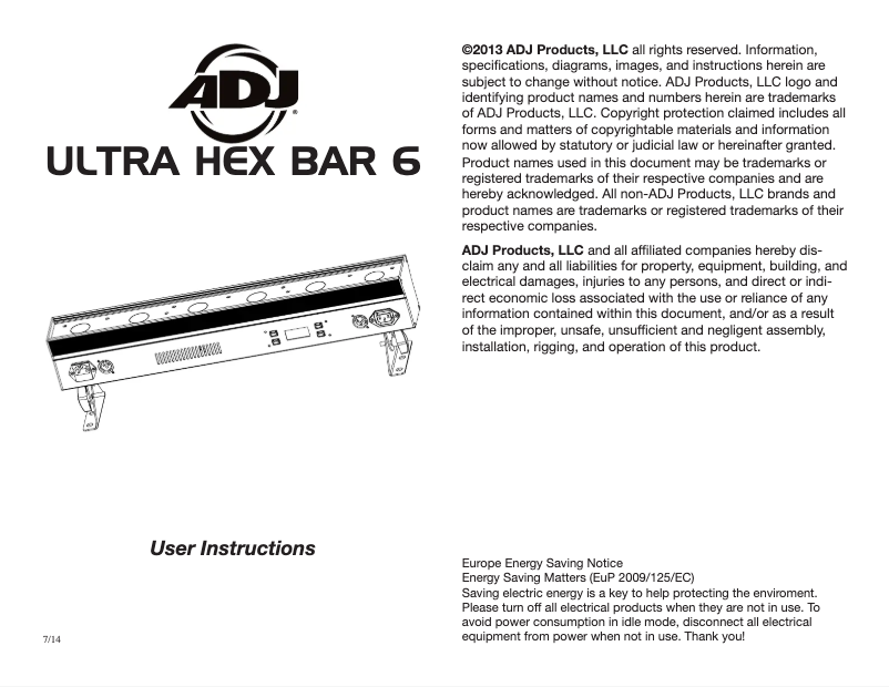 Page 1 de la notice Manuel utilisateur American DJ Ultra HEX Bar 6