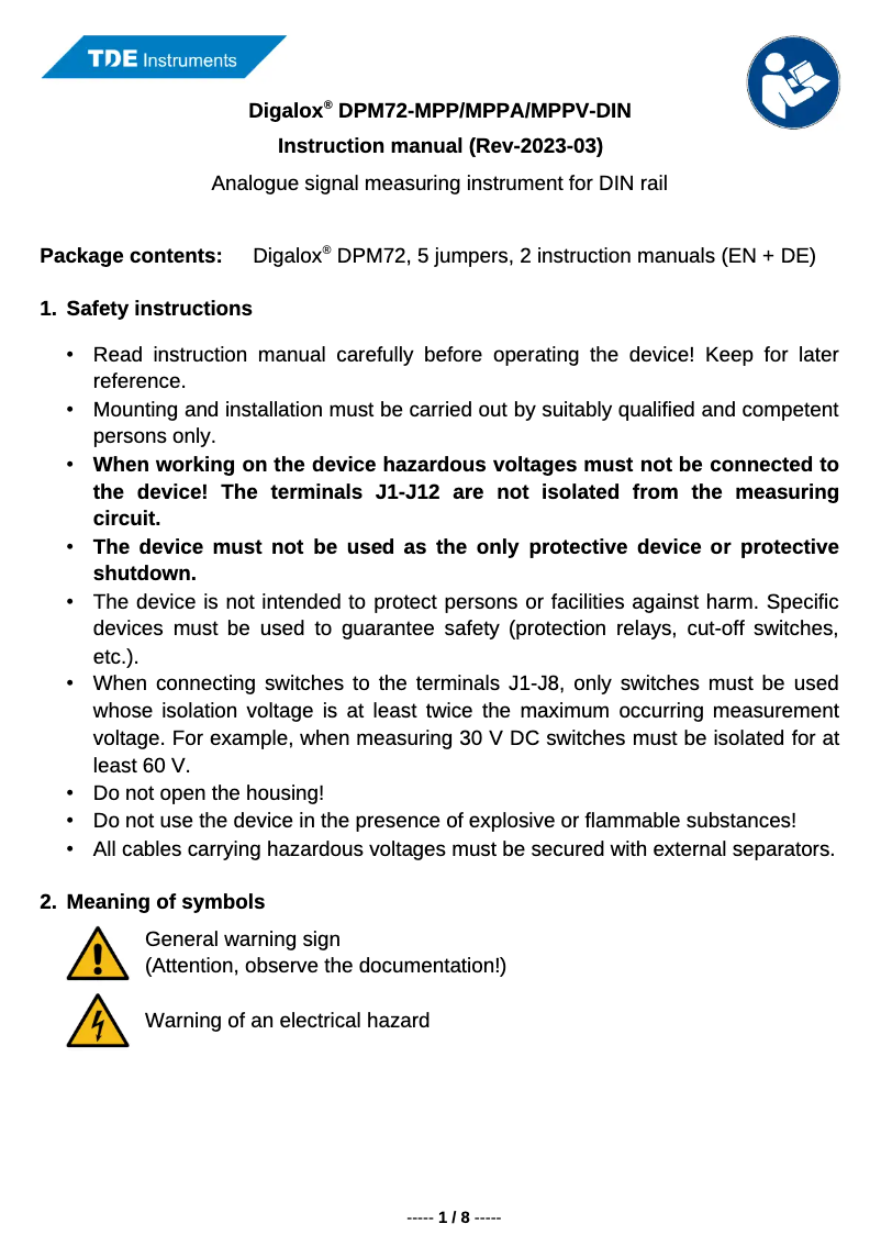 Page n°1 - Manuel utilisateur TDE Instruments Digalox DPM72-MPPV-DIN