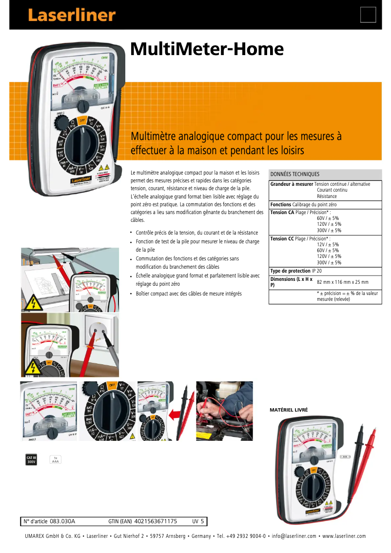 Page 1 de la notice Fiche technique Laserliner MultiMeter-Home