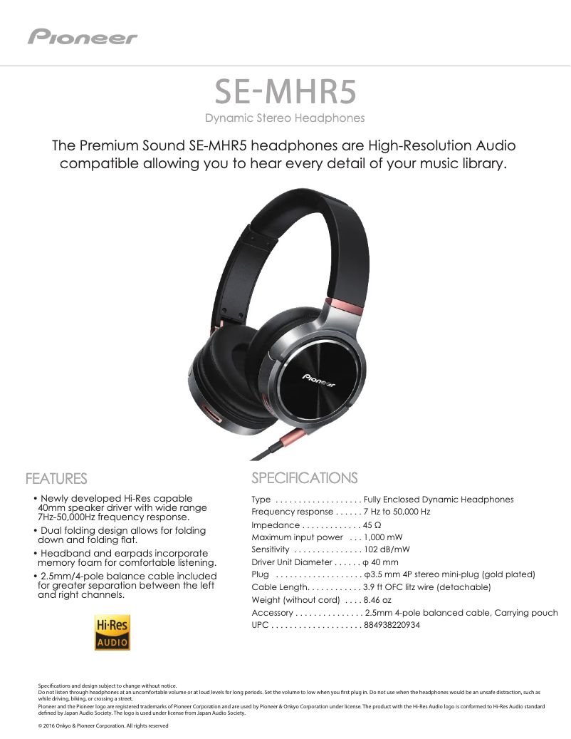 Page 1 de la notice Manuel utilisateur Pioneer SE-MHR5